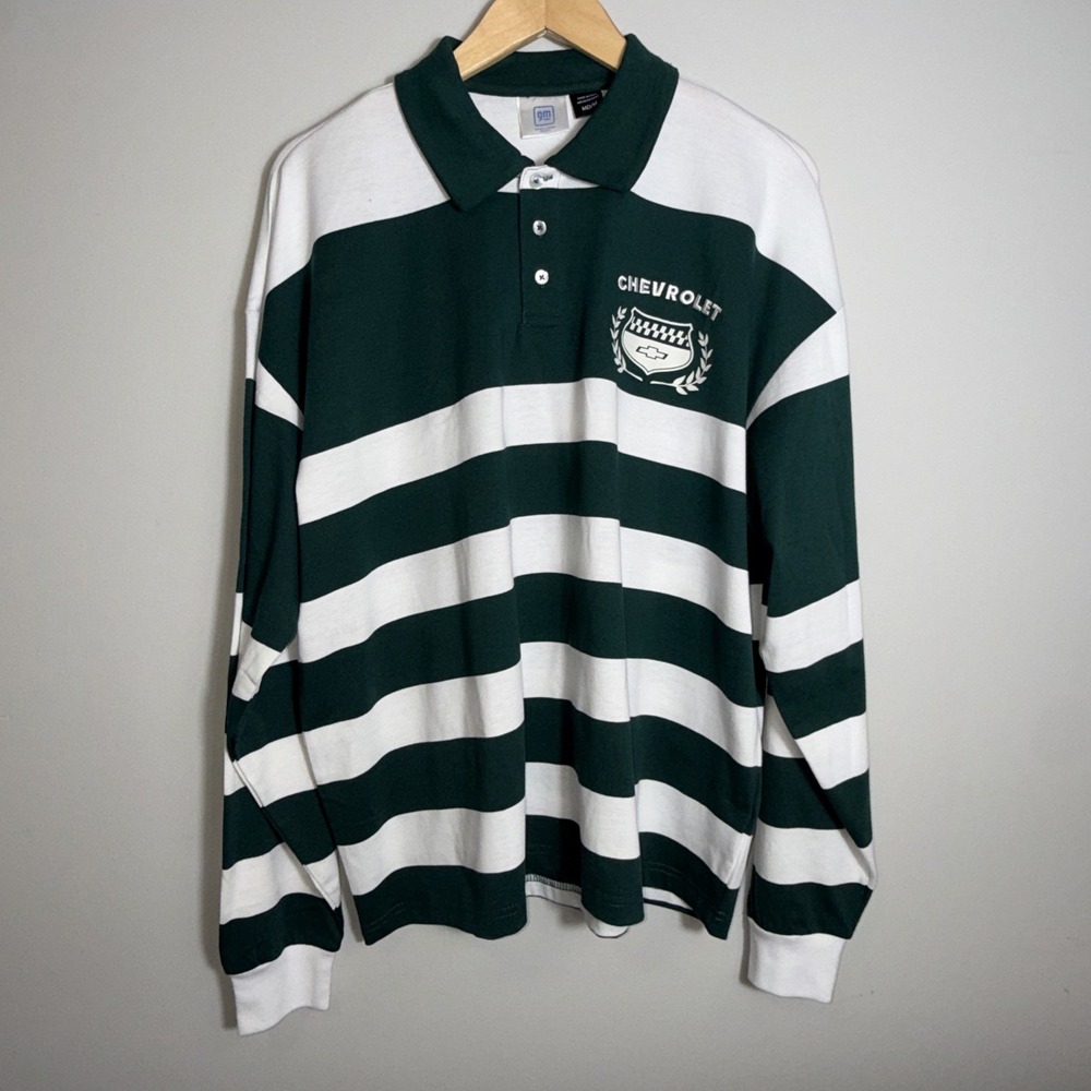GM Mens Chevrolet Rugby Shirt Long Sleeve Hunter Green White Striped Polo Sz‎ M